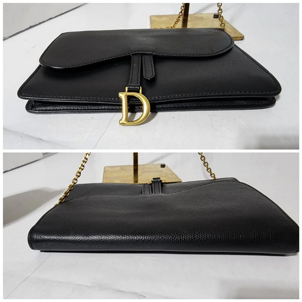 CHRISTIAN DIOR Grained Calfskin Wallet on Chain Black